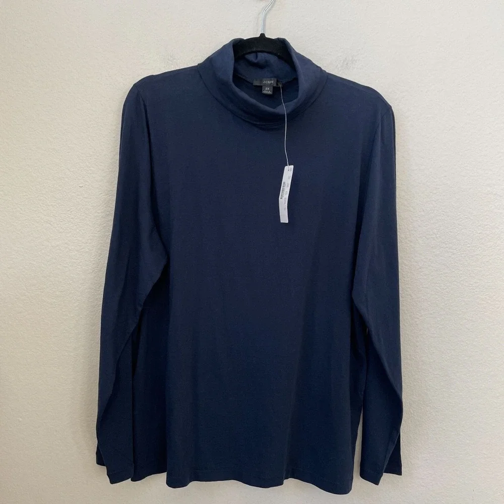 NEW‎ J Crew Womens Plus 2X Navy Blue Turtleneck Long Sleeve Top Cotton Shirt